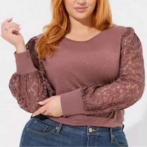 Torrid Super Soft Slub Crew Neck Lace Sleeves in Rose Taupe Size 2X